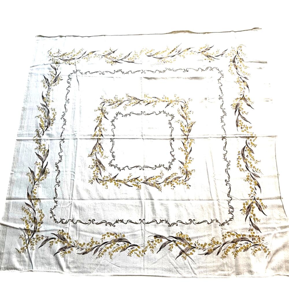 Vintage Tablecloth Cotton blend gray gold floral border print silver metallic